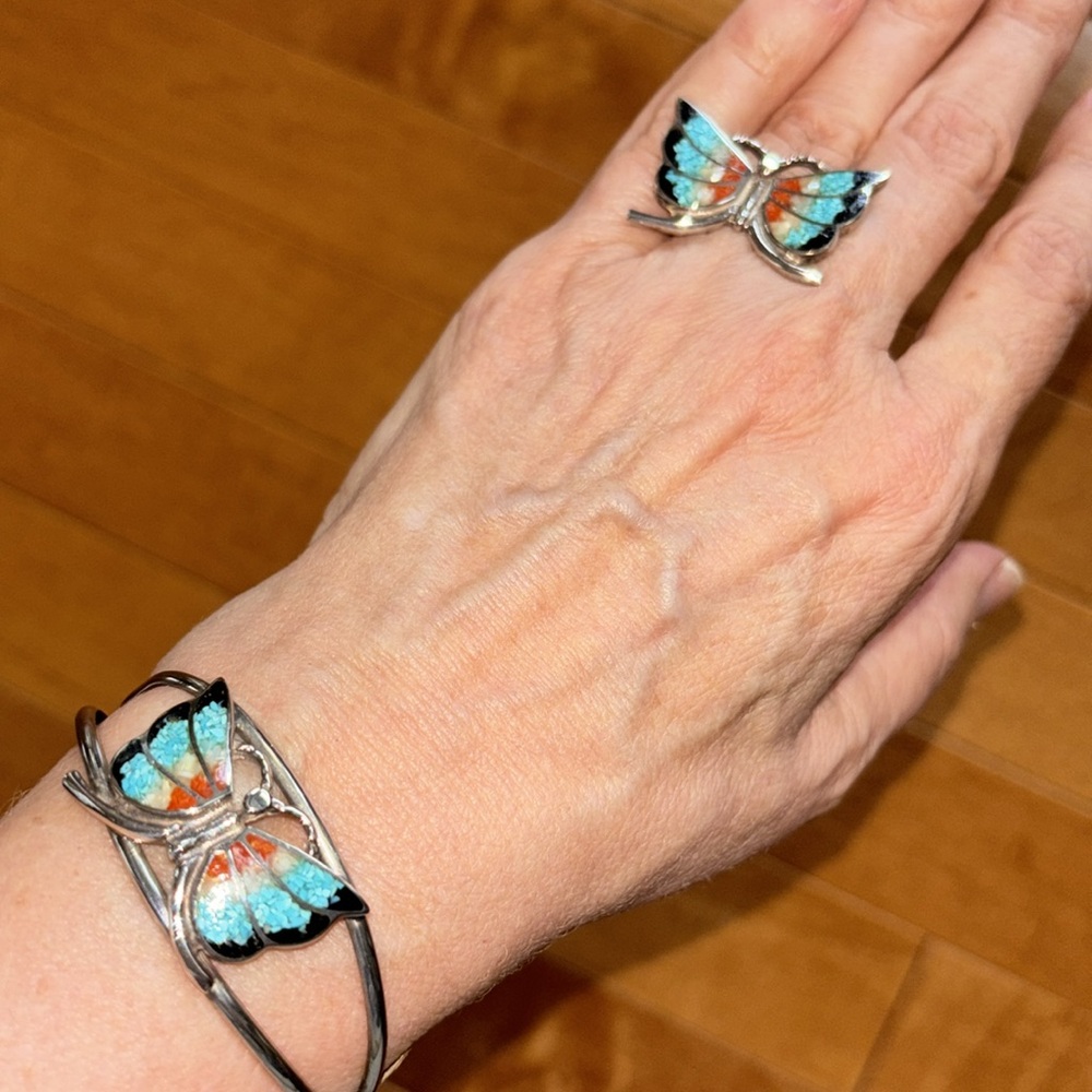 Vintage Navajo Charlie John Sterling Silver Cuff Butterfly Bracelet/Ring